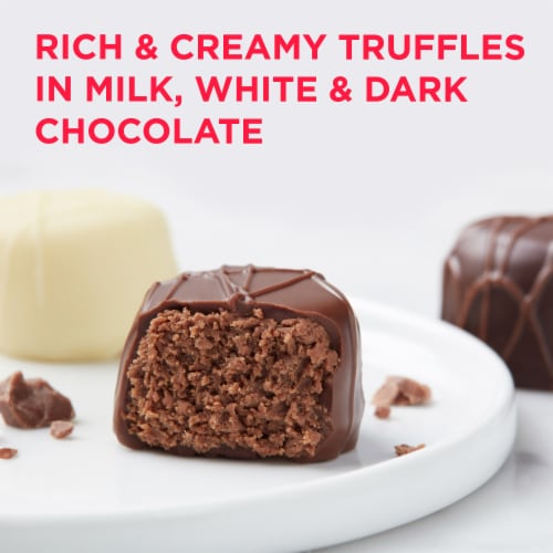 RUSSELL STOVER Valentine's Day Fabric Heart Milk, Dark & White Chocolate Truffle Candy Gift Box Perspective: back