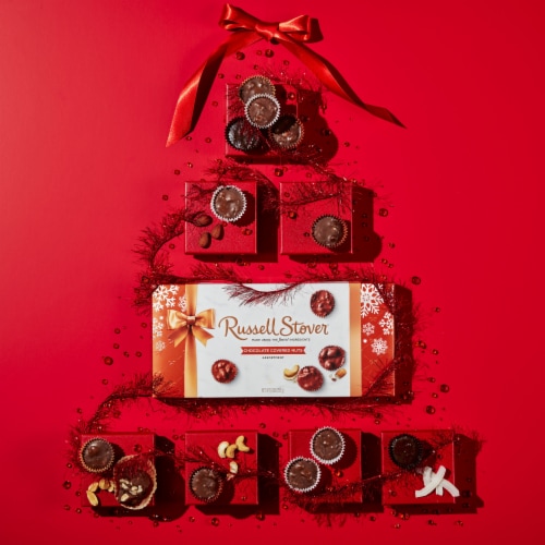 RUSSELL STOVER Christmas Chocolate Covered Nuts Assortment in Milk & Dark Chocolate Gift Box Perspective: back