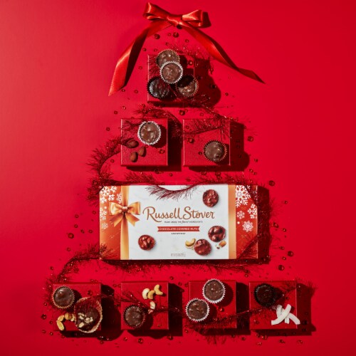 RUSSELL STOVER Christmas Chocolate Covered Nuts Assortment in Milk & Dark Chocolate Gift Box Perspective: back