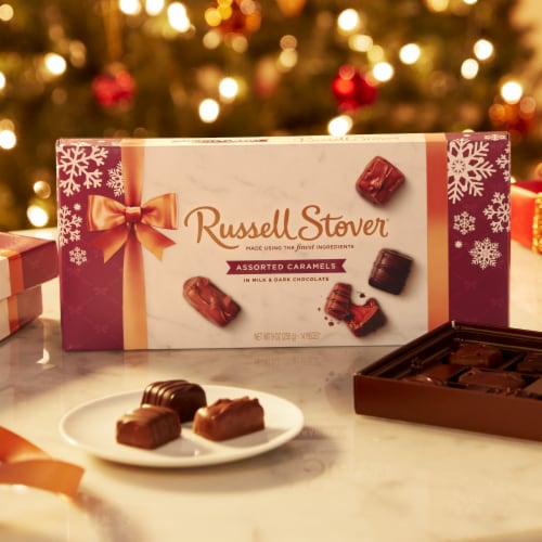 Russell Stover® Holiday Assorted Milk & Dark Chocolate Caramels Gift Box Perspective: back