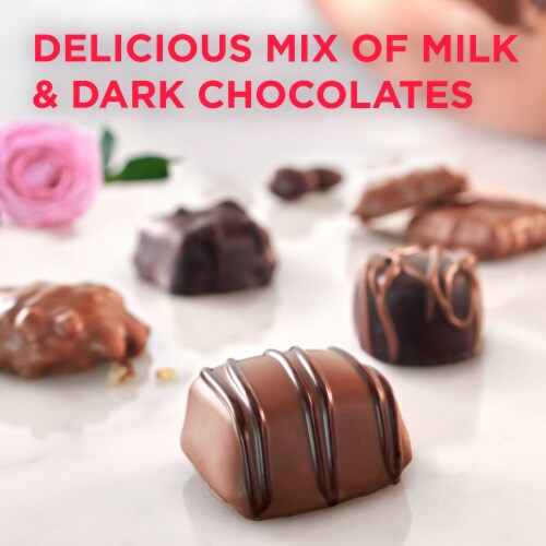 Russell Stover Assorted Milk & Dark Chocolates Red Foil Heart Valentine Candy Gift Box Perspective: back