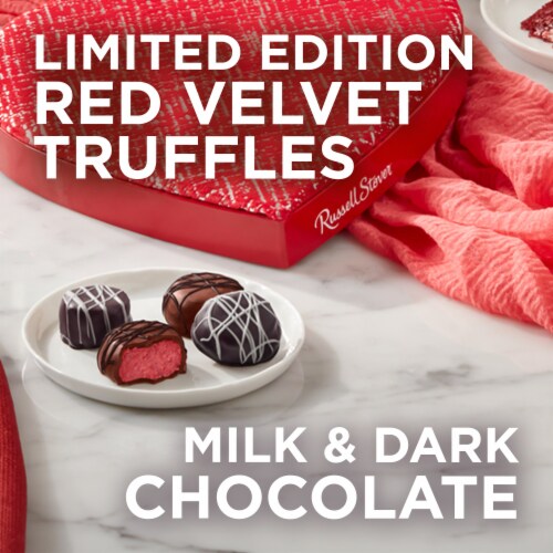 RUSSELL STOVER Valentine's Day Red Velvet Truffle in Milk & Dark Chocolate Heart Gift Box Perspective: back