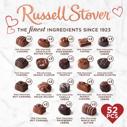 RUSSELL STOVER Valentine's Day Red Foil Heart Assorted Milk & Dark Chocolate Candy Gift Box Perspective: back