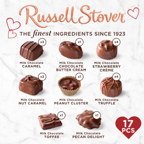 RUSSELL STOVER Valentine's Day Red Foil Heart Assorted Milk Chocolate Candy Gift Box Perspective: back