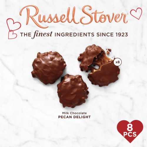 RUSSELL STOVER Valentine's Day Satin Heart Pecan Delights Milk Chocolate Candy Gift Box Perspective: back