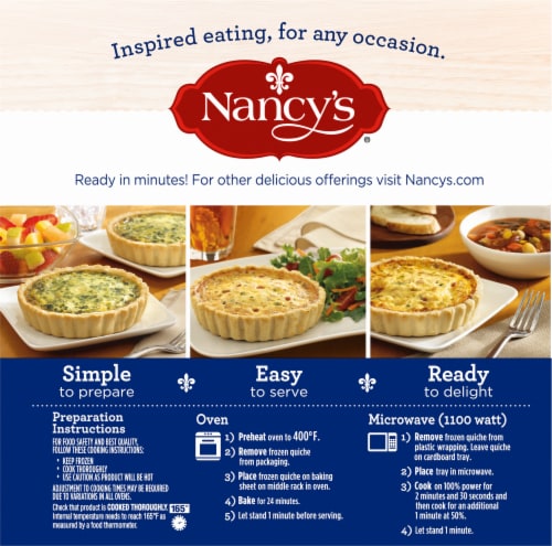 Nancy's Lorraine Quiche with Eggs, Swiss Cheese, Bacon, Onion & Chives Frozen Meal, Box Perspective: back