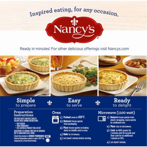 Nancy's Lorraine Quiche with Eggs, Swiss Cheese, Bacon, Onion & Chives Frozen Meal, Box Perspective: back