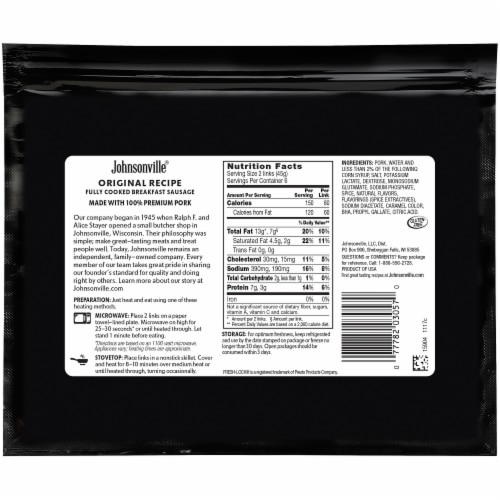 Johnsonville Fully Cooked Original Breakfast Sausage Links Perspective: back