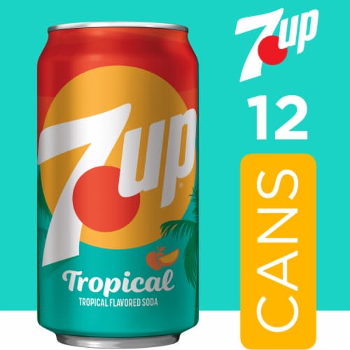 7UP Tropical Caffeine Free Lemon Lime Mango Peach Soda Cans Perspective: back