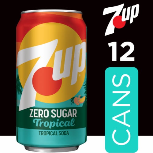 7UP Tropical Zero Sugar Caffeine Free Lemon Lime Mango Peach Soda Cans Perspective: back