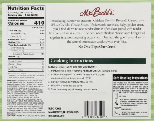 Mrs Budd's® Broccoli White Cheddar and Chicken Pie with Sweet Carrots Perspective: back