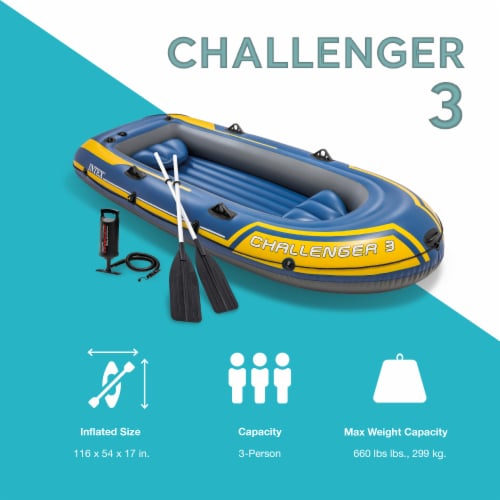 Intex 68370EP Challenger 3 Inflatable Raft Boat Set With Pump And Oars, Blue Perspective: back