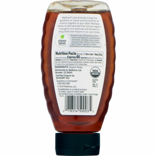 Madhava® Natural Sweeteners Organic Amber Honey Unfiltered Perspective: back