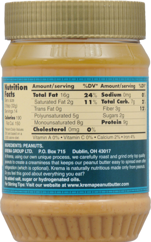 Krema Natural Smooth & Creamy Peanut Butter Perspective: back