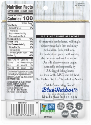 Blue Harbor Fish Co. Wild Albacore Tuna in Water with Sea Salt Pouch Perspective: back