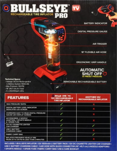 Bullseye Pro™ Powerful Cordless Rechargeable Tire Inflator Perspective: back