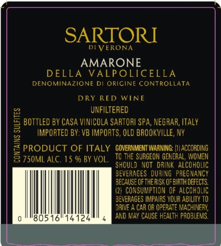 Sartori Amarone Dry Red Wine Perspective: back