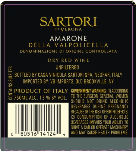Sartori Amarone Dry Red Wine Perspective: back