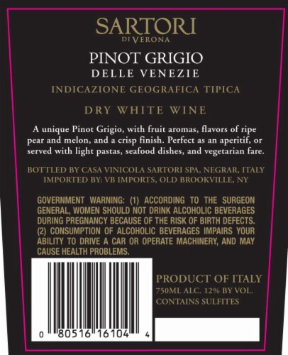 Sartori Pinot Grigio Perspective: back