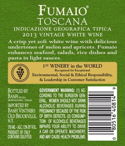 Banfi Fumaio Sauvignon Blanc & Chardonnay Perspective: back