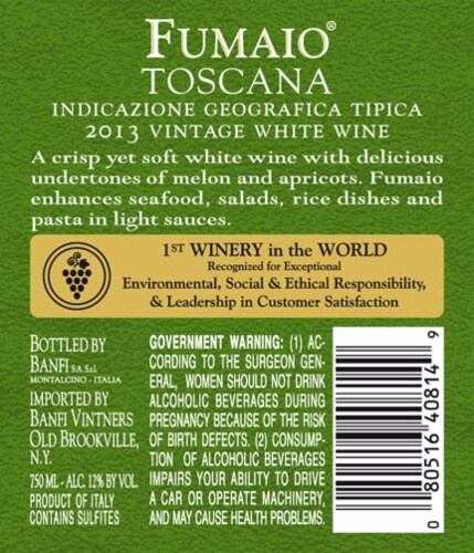 Banfi Fumaio Sauvignon Blanc & Chardonnay Perspective: back