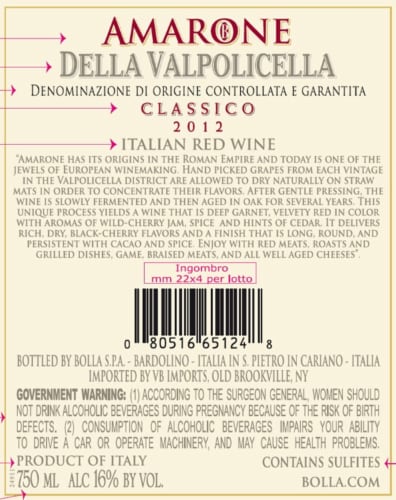 Bolla Amarone Della Valpolicella Classico Perspective: back