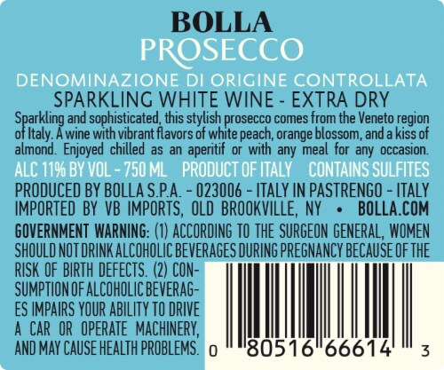 Bolla Prosecco Sparkling Wine Perspective: back
