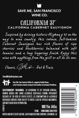 Save Me San Francisco California 37 Cabernet Sauvignon Red Wine Perspective: back