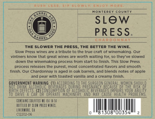 Slow Press Chardonnay White Wine Perspective: back