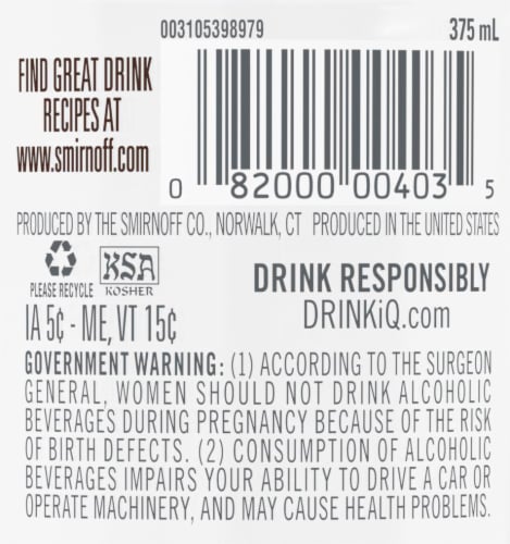 Smirnoff Vanilla (Vodka Infused With Natural Flavors) Perspective: back