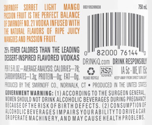 Smirnoff Sorbet Light Mango Passion Fruit (Vodka Infused with Natural Flavors) Perspective: back