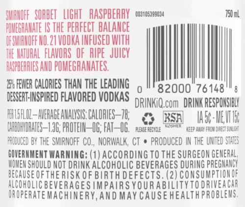 Smirnoff Sorbet Light Raspberry Pomegranate (Vodka Infused with Natural Flavors) Perspective: back