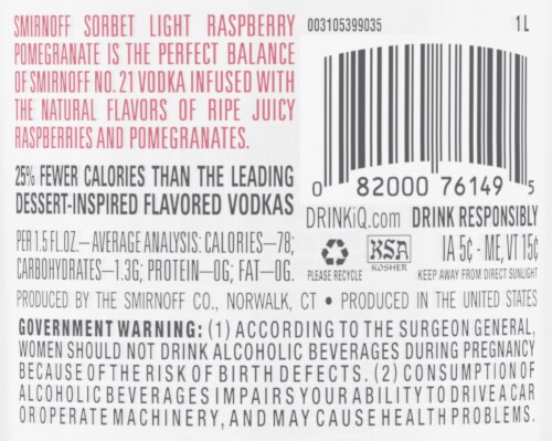 Smirnoff Sorbet Light Raspberry Pomegranate (Vodka Infused with Natural Flavors) Perspective: back