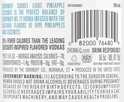Smirnoff Sorbet Light Pineapple Coconut (Vodka Infused with Natural Flavors) Perspective: back