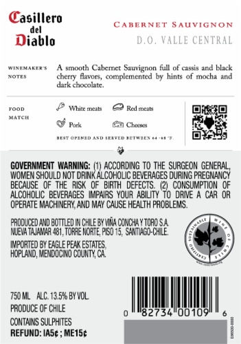 Casillero del Diablo Cabernet Sauvignon Chile Red Wine Perspective: back