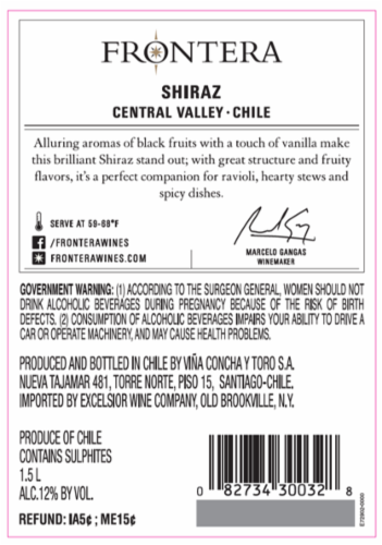 Frontera Argentina Shiraz Perspective: back