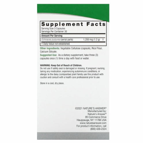 Nature's Answer® Organic Echinacea Vegetarian Capsules 1200 Mg Perspective: back