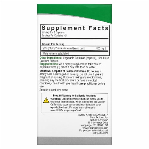 Nature's Answer® Eyebright Herbal Supplement Capsules 800mg Perspective: back