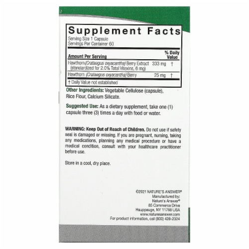 Nature's Answer Hawthorn 358 mg - 60 Vegetarian Capsules Perspective: back