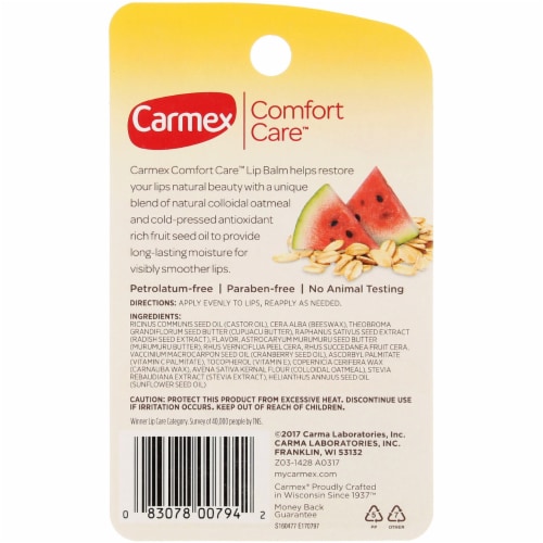 Carmex Comfort Care Colloidal Oatmeal Lip Balm Stick, Watermelon Blast, 0.15 oz Perspective: back
