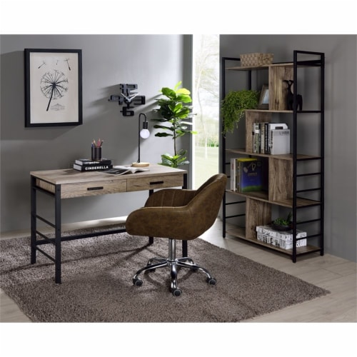 ACME Disho Wooden Writing Desk with USB Port in Light Weathered Oak and Black Perspective: back