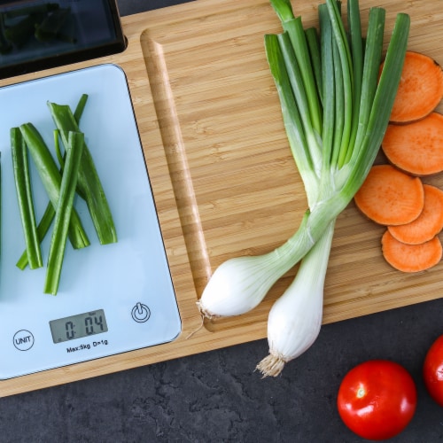 Dexas Prep & Weigh Bamboo Cutting Board Perspective: back