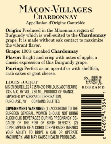 Louis Jadot Chardonnay Macon-Villages French White Wine Perspective: back