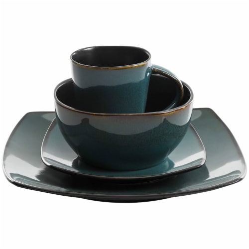 Gibson Elite Soho Lounge 16 Piece Plates, Bowls, & Mugs Dinnerware Set, Teal Perspective: back