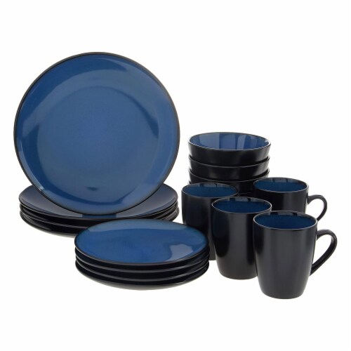 Gibson Soho Lounge 16 Piece Round Glaze Dinnerware Plates, Bowls, & Mugs, Blue Perspective: back