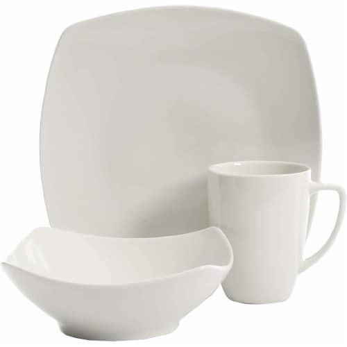 Gibson Zen Buffetware 12 Piece Square Dinnerware Plate, Bowl, & Mug Set, White Perspective: back
