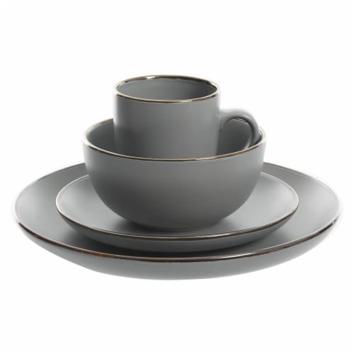 Gibson Home Rockaway Round Stoneware Dinnerware, Service for 4, Grey w/ Gold Rim Perspective: back