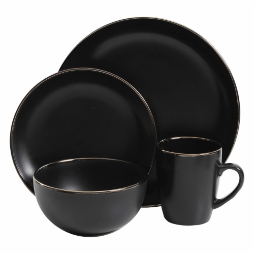 Gibson Home Rockaway Round Stoneware Dinnerware, Set of 16, Black with Gold Rim Perspective: back
