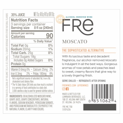 Fre Non Alcoholic White Moscato Low Calorie Non Alcoholic Wine Perspective: back