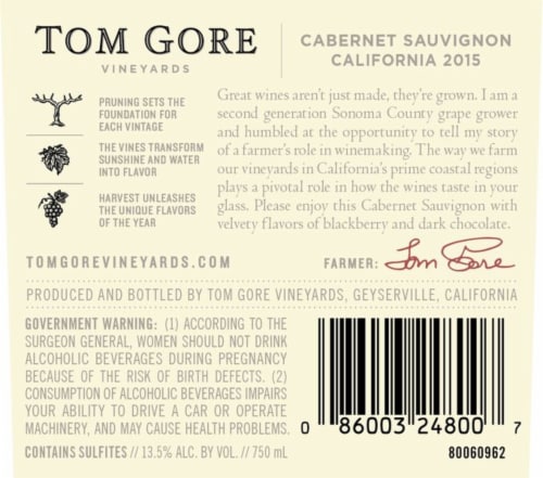 Tom Gore Vineyards Cabernet Sauvignon California Red Wine Perspective: back